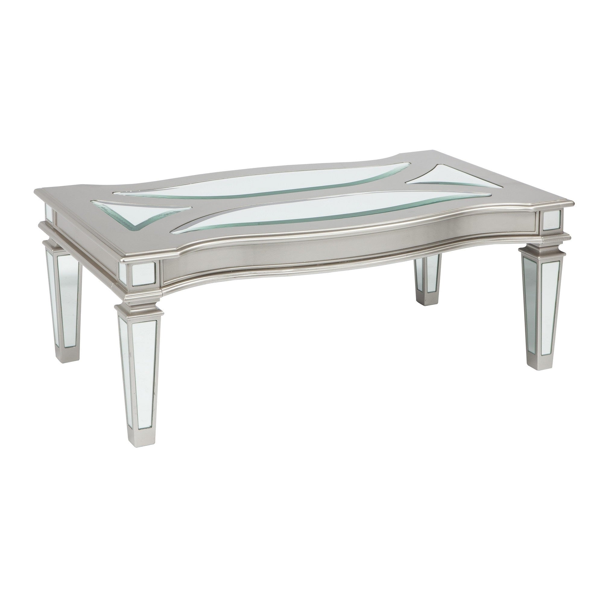 Rectangular Wooden Cocktail Table with Mirror Inserts, Silver