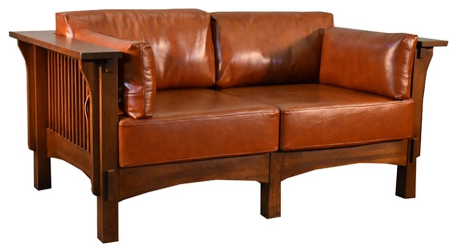 Arts and Crafts/Craftsman Crofter Style Love Seat Russet Brown Leather  RB1   Craftsman   Loveseats   by Homesquare  Houzz