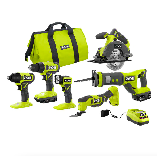 Ryobi ONE+ 18V Cordless 6-Tool Combo Kit with 1.5 Ah Battery， 4.0 Ah Battery and Charger (PCL1600K2)