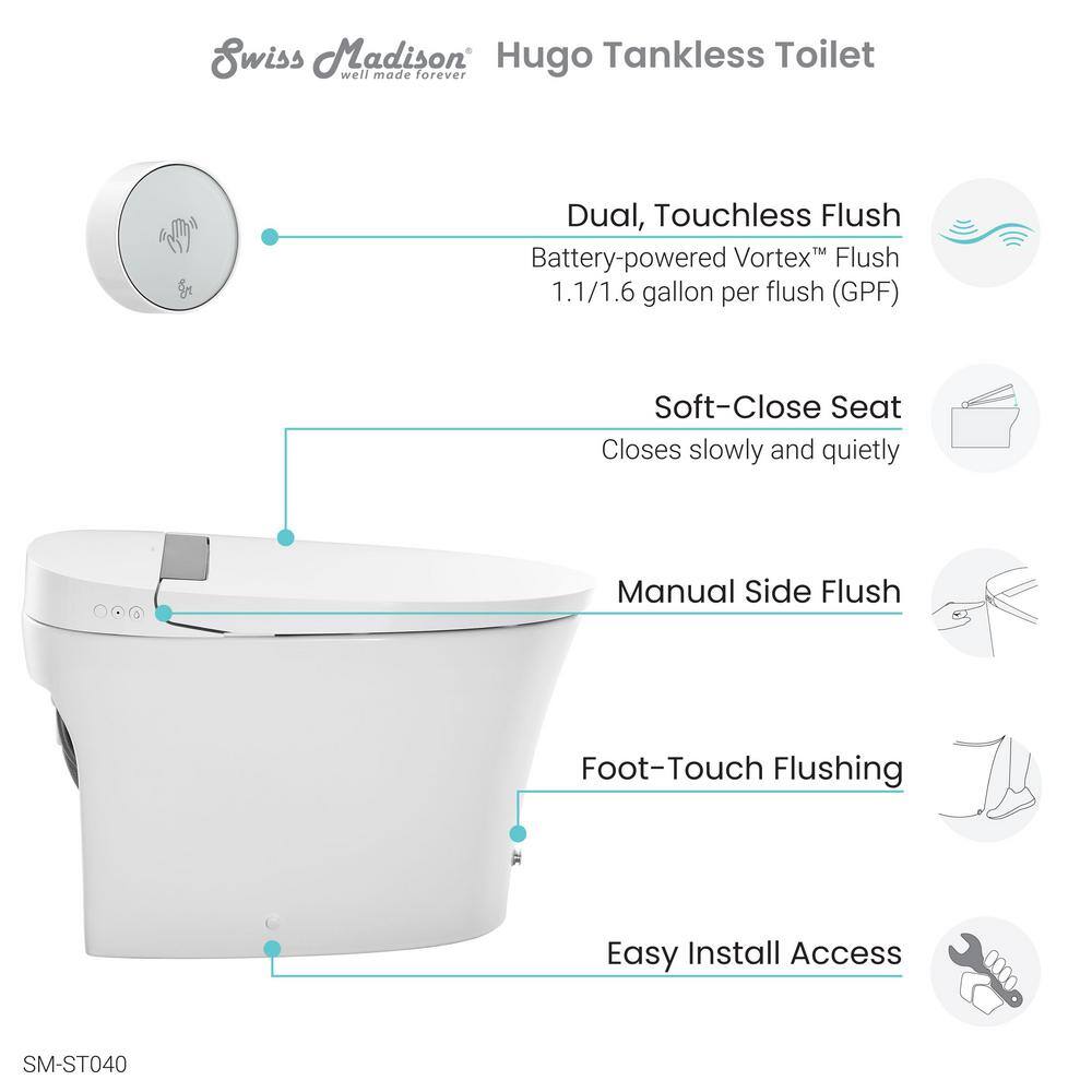 Swiss Madison Hugo Intelligent Tankless Elongated Toilet Touchless Vortex Dual-Flush 1.11.6 gpf SM-ST040