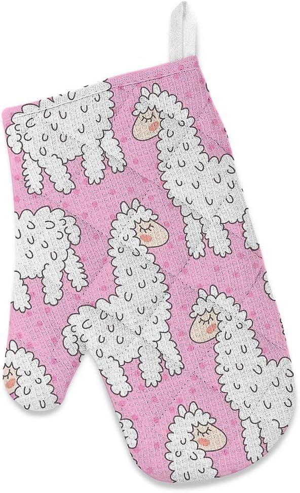 Insulation Kitchen Oven Mitts Potholder Apron 3pcs Set Cute Llama Alpaca On Pink Non Slip Heat Resistant Gloves For Baking Cooking Bbq