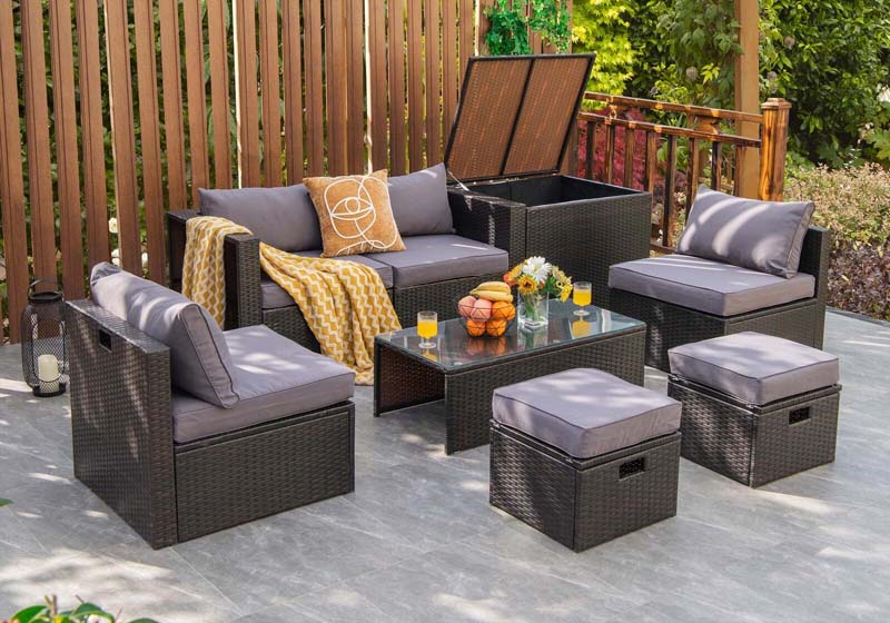 8 Pcs Rattan Patio Sectional Sofa Set with Storage Box & Waterproof Cover