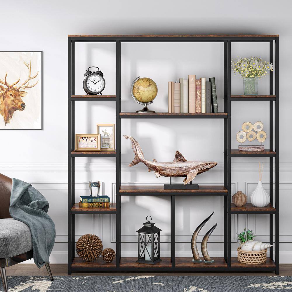 BYBLIGHT 70.86 in. Brown Practical Board 12-Shelf Etagere Bookcase with Storage and Industrial Style Display Shelves BB-XX1199YY