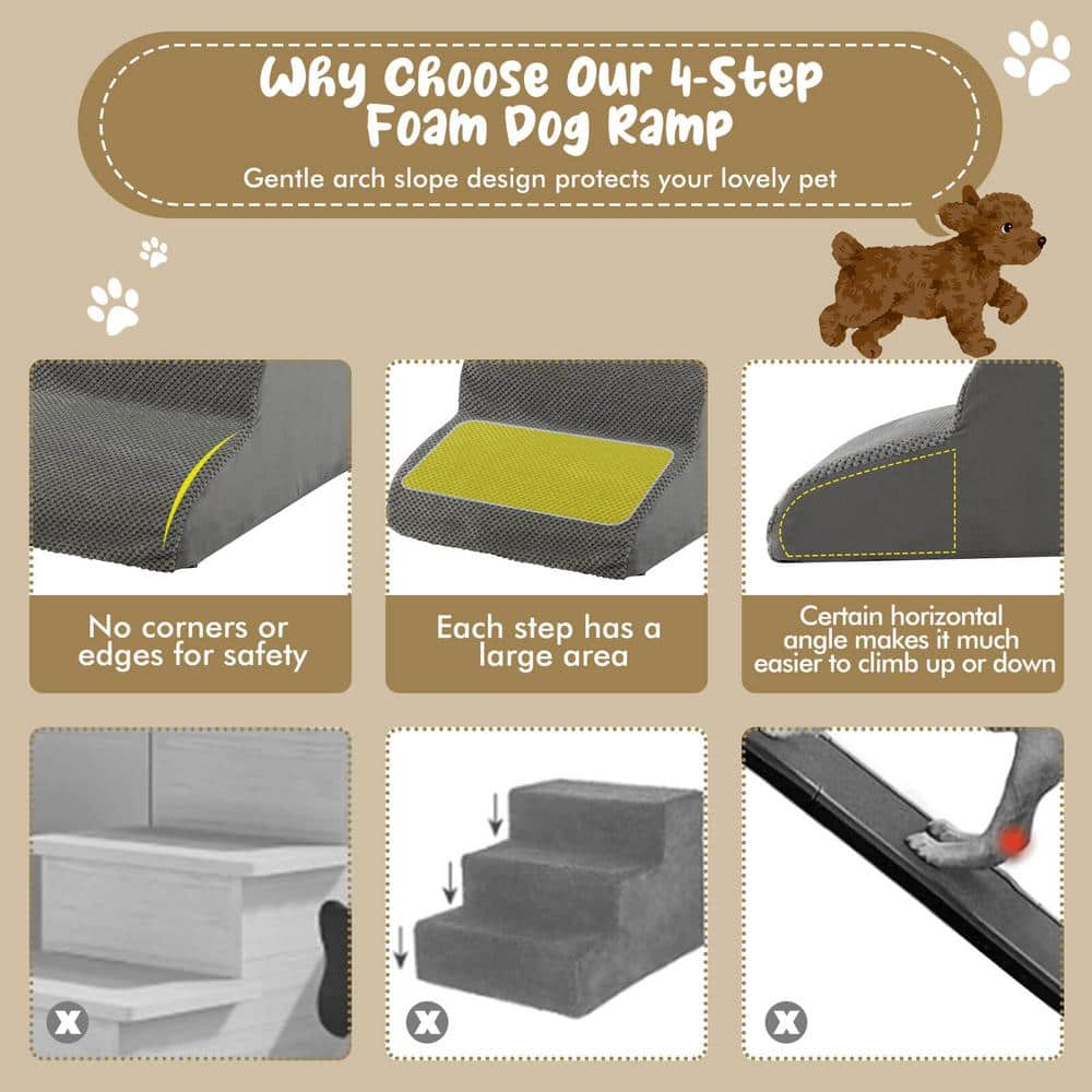 ANGELES HOME 4-Tier Foam Non-Slip Dog Steps with Washable Zippered Cover 108CKPW31GR