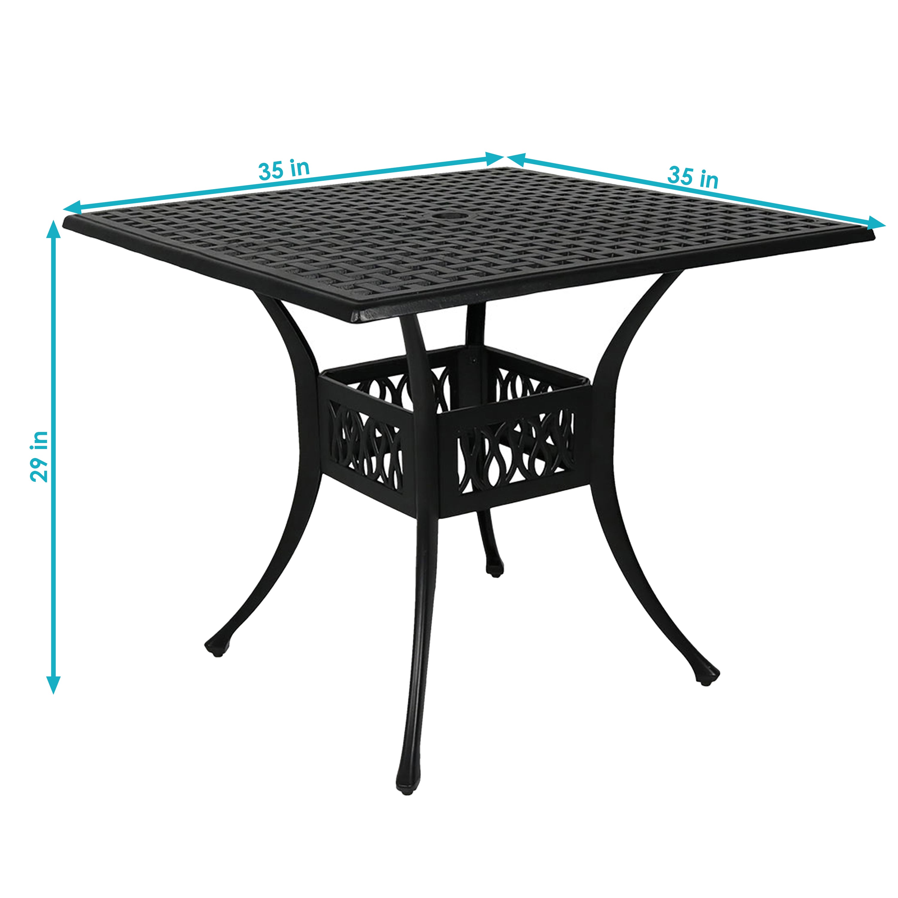 Sunnydaze Square Cast Aluminum Outdoor Patio Dining Table with Umbrella Hole, Black