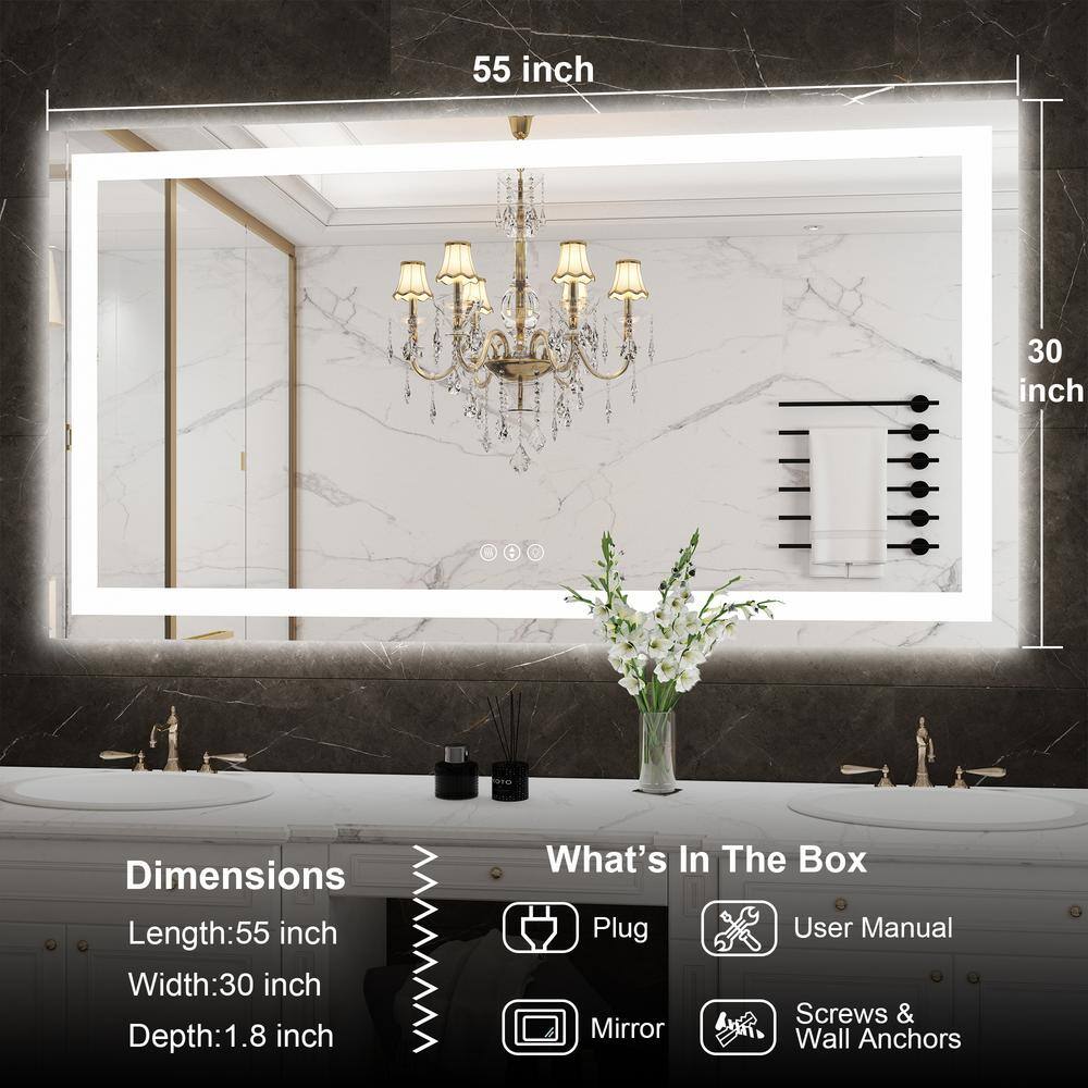 Klajowp New 55 in. W x 30 in. H Large Rectangular Frameless Anti-Fog LED Light Wall Mounted Bathroom Vanity Mirror in White SM01-13975-02