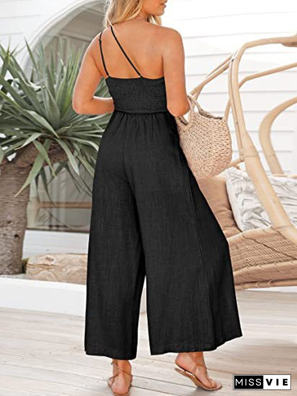 One Shoulder Wide Leg Solid Color Jumpsuit