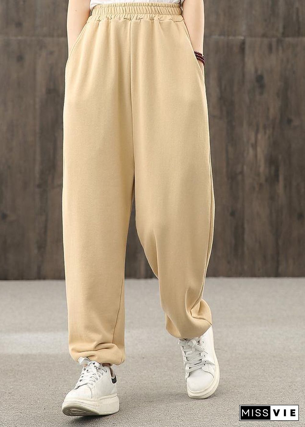 Khaki pockets decoration elastic waist casual pants loose harem pants