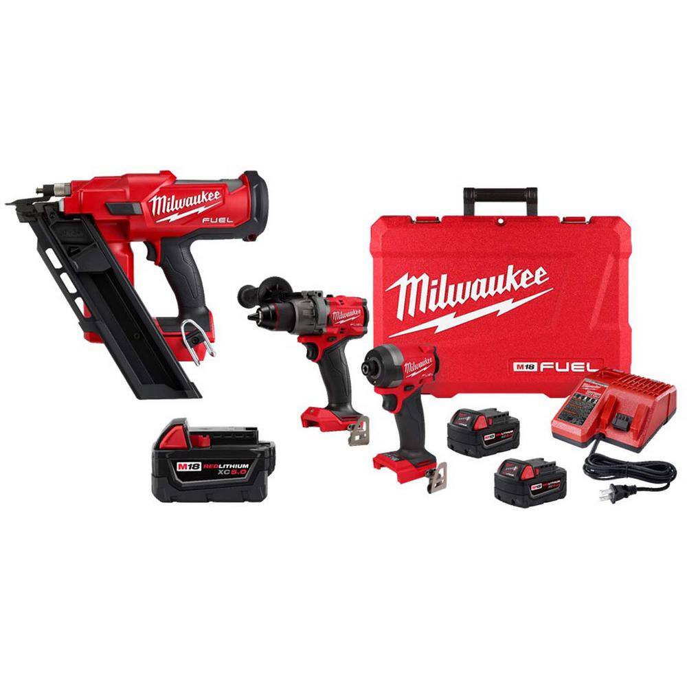 MW M18 FUEL 18V Brushless Cordless 3-12 in. 30-Degree Nailer W Hammer DrillImpact Driver Kit w (3) Batteries  Charger 2745-20-48-11-50-3697-22