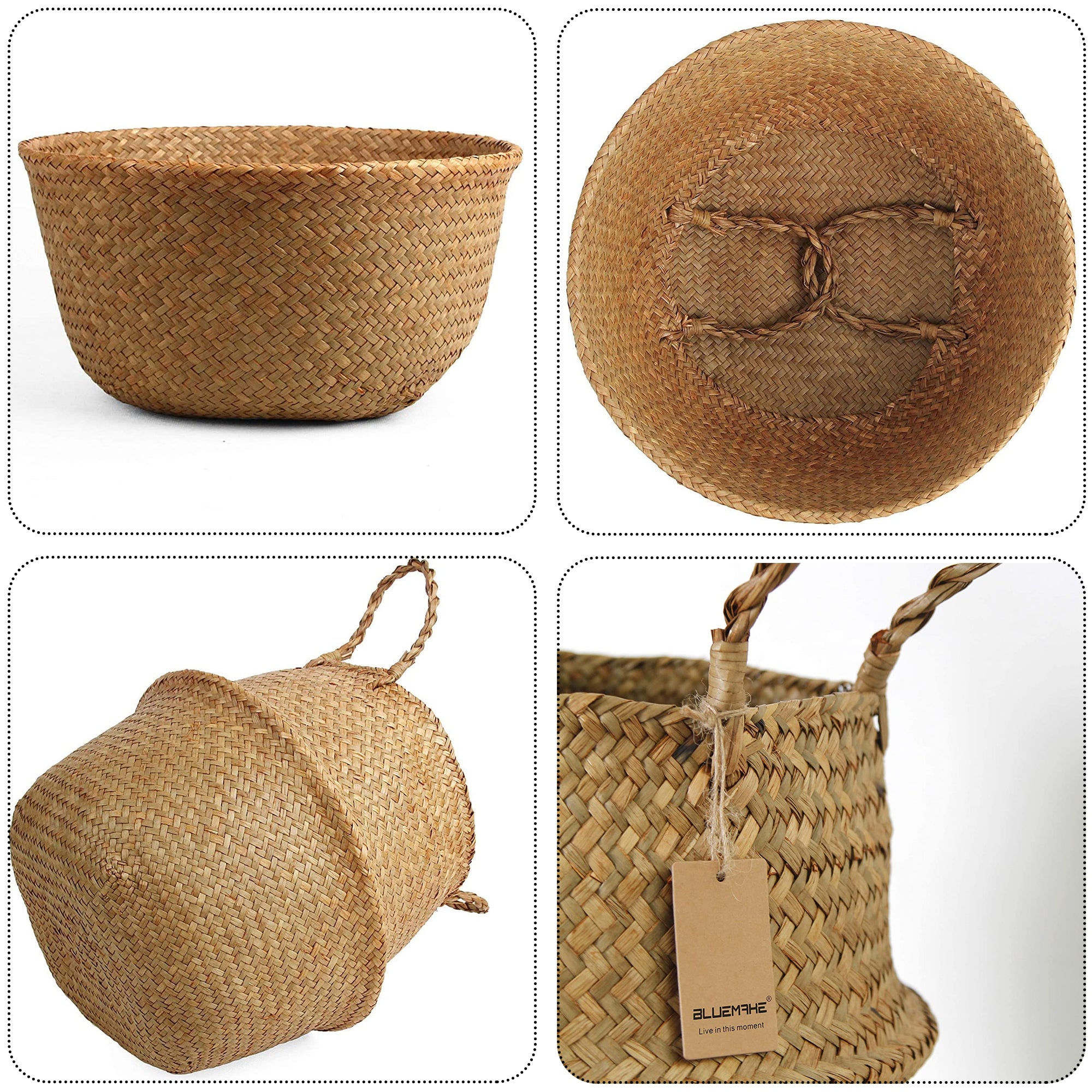 BlueMake Woven Seagrass Belly Basket for Storage Plant Pot Basket and Laundry, Picnic and Grocery Basket