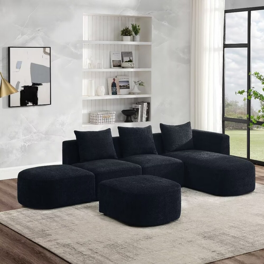 L Shape Sectional Sofa with Chaise and Ottoman  Loop Yarn Fabric