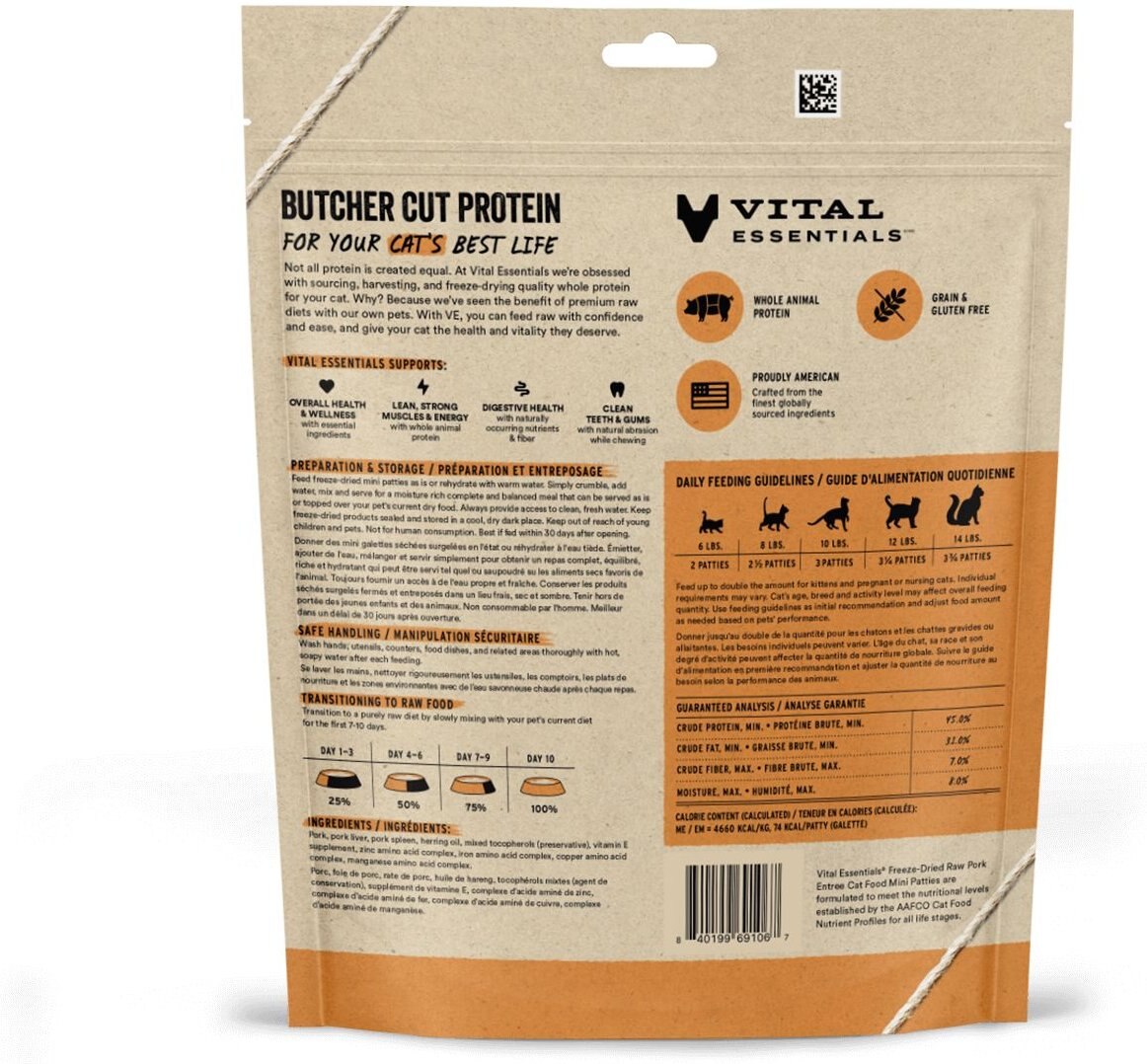 Vital Essentials Pork Entree Cat Food Mini Patties Grain-Free Freeze-Dried Raw Cat Food， 3.75-oz bag