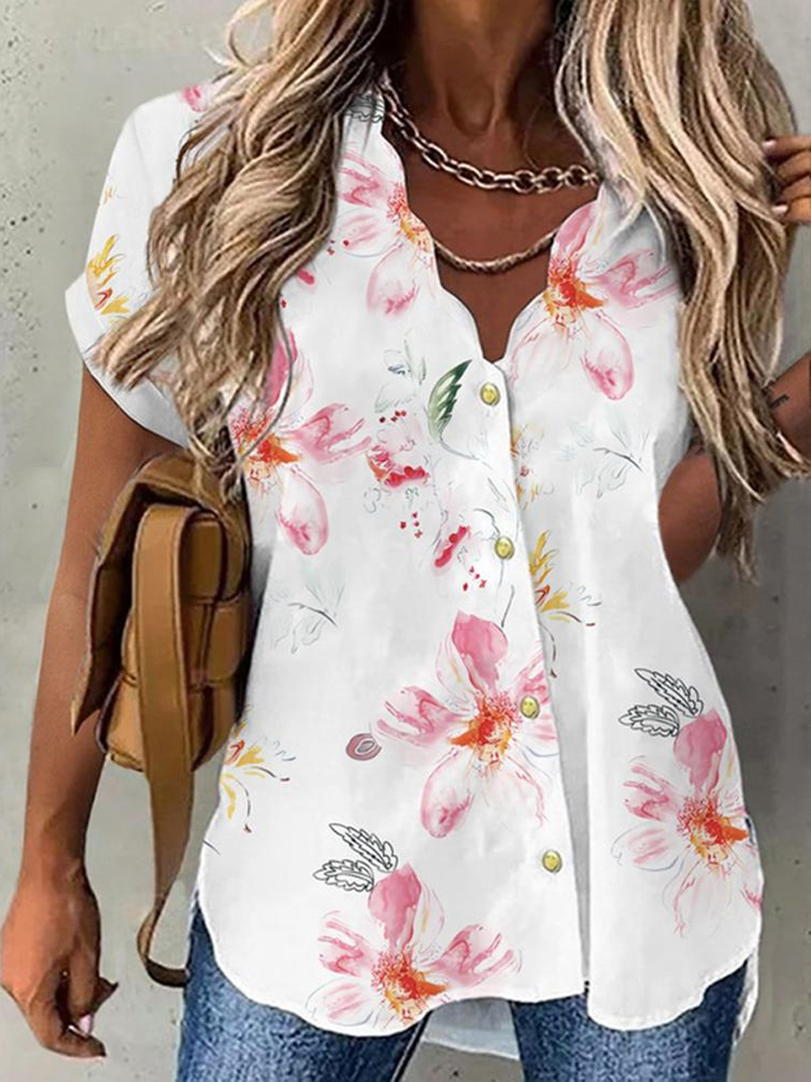 Casual Fashion Floral Print V-Neck Short Sleeve Shirt