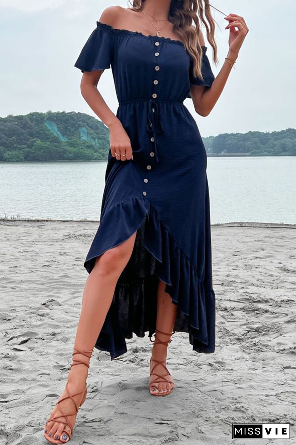 Navy Off Shoulder Button Down Drawstring High Low Ruffle Maxi Dress