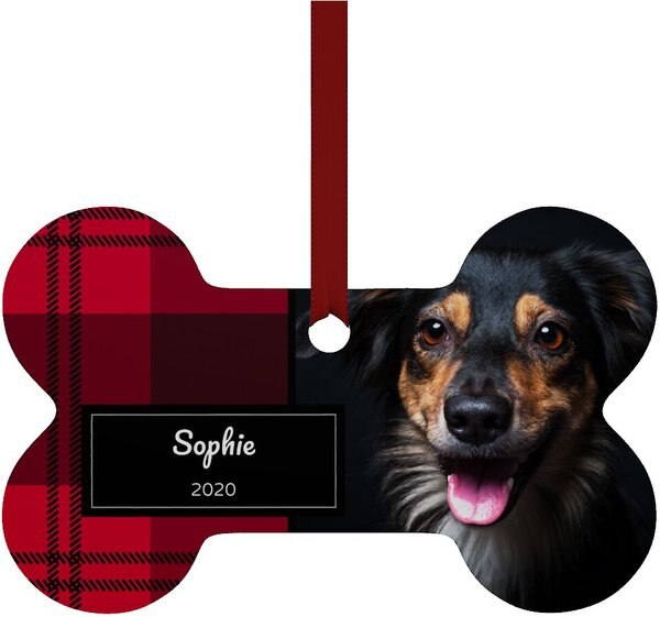 Frisco Plaid Bone Shape Metal Personalized Dog Holiday Ornament