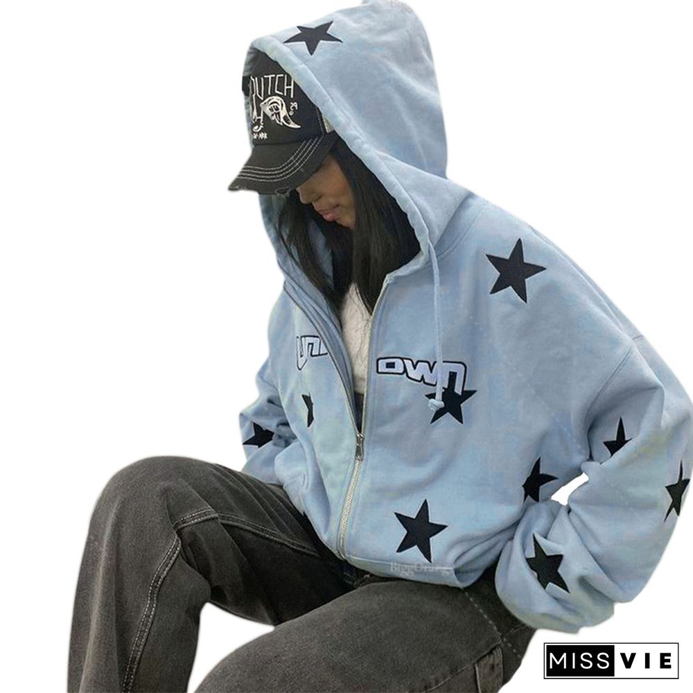 Women Hooded Coat Long Sleeve Loose Star Letter Printed Drawstring Hat Jackets With Pockets Y2k Aesthetic Streetwear