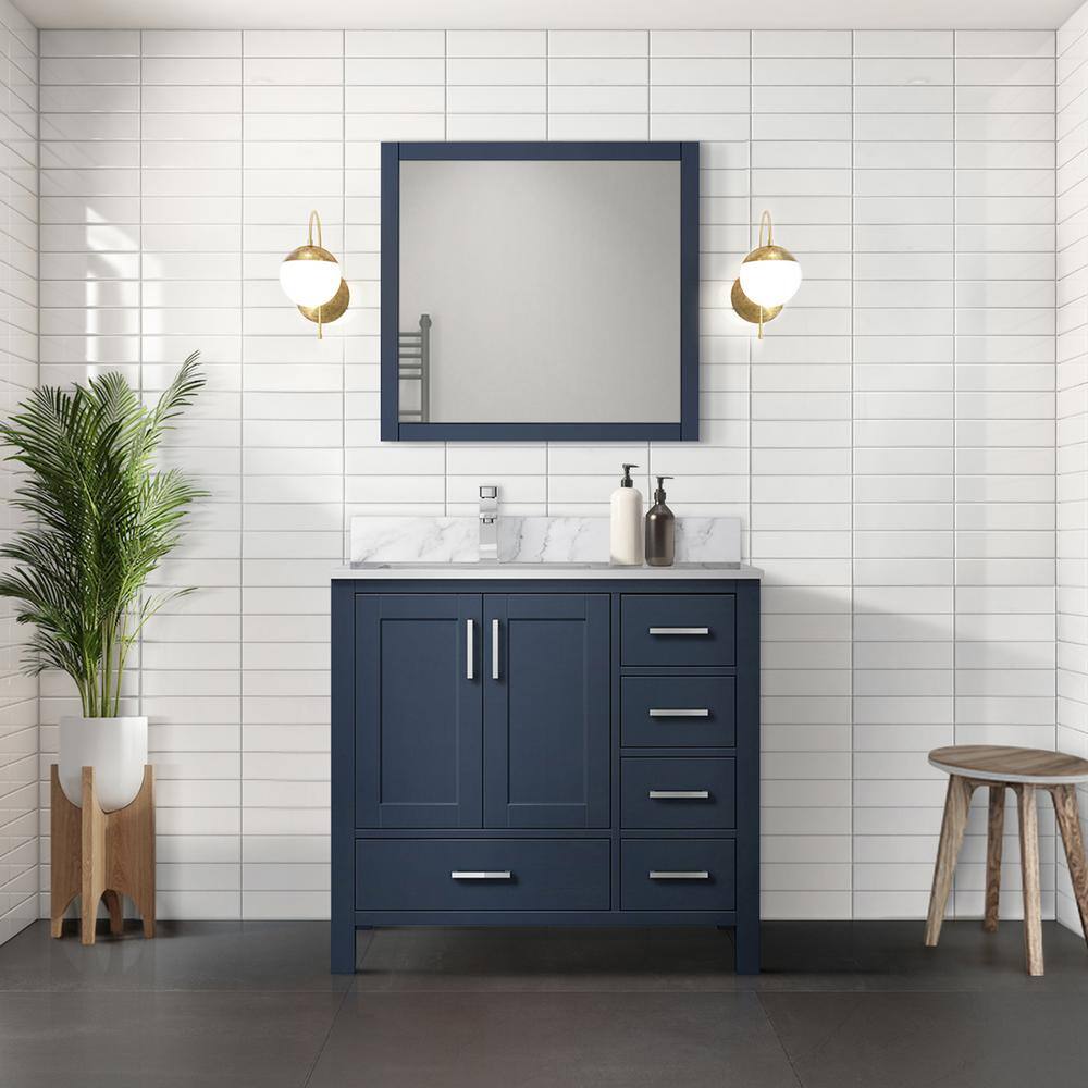 Lexora Jacques 36 in. W x 22 in. D Left Offset Navy Blue Bath Vanity Carrara Marble Top and 34 in. Mirror LJ342236SEDSM34L