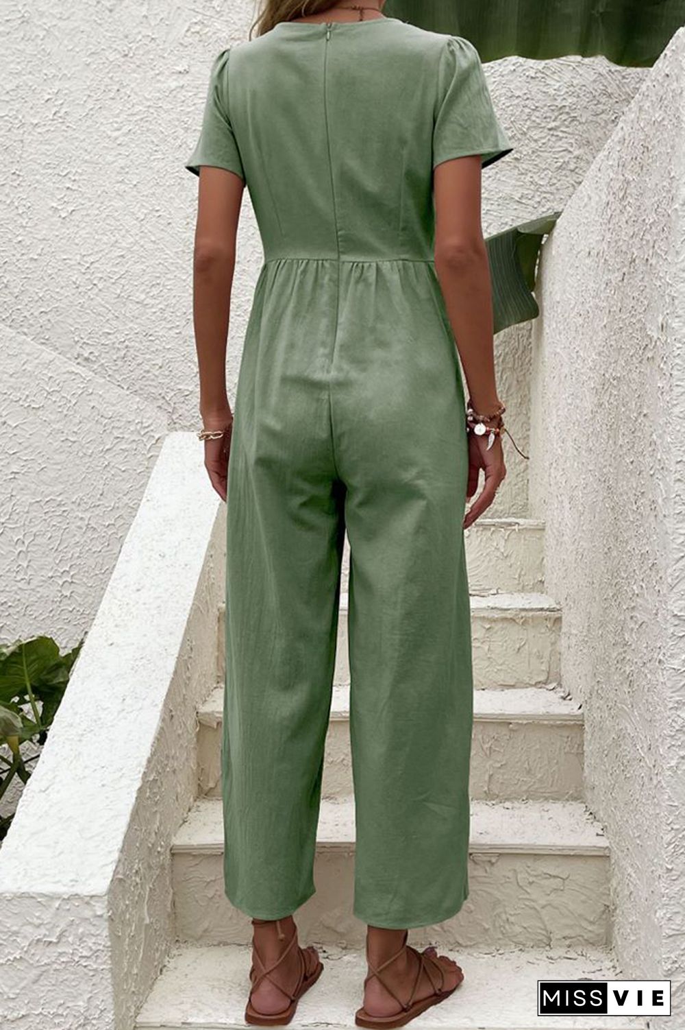 Plain V Neck Button Jumpsuit Wholesale