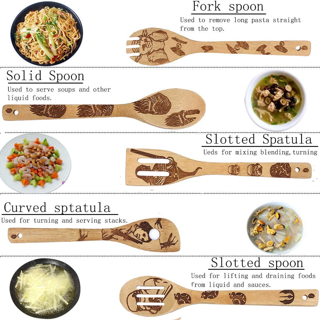 Star Wars, Burned Wooden Spoons for Cooking, Utensil Set Friends Gifts Idea for Women and Men, 5 Piece Cooking Serving Utensils Natural Kitchen House Warming Presents Slotted Spoon