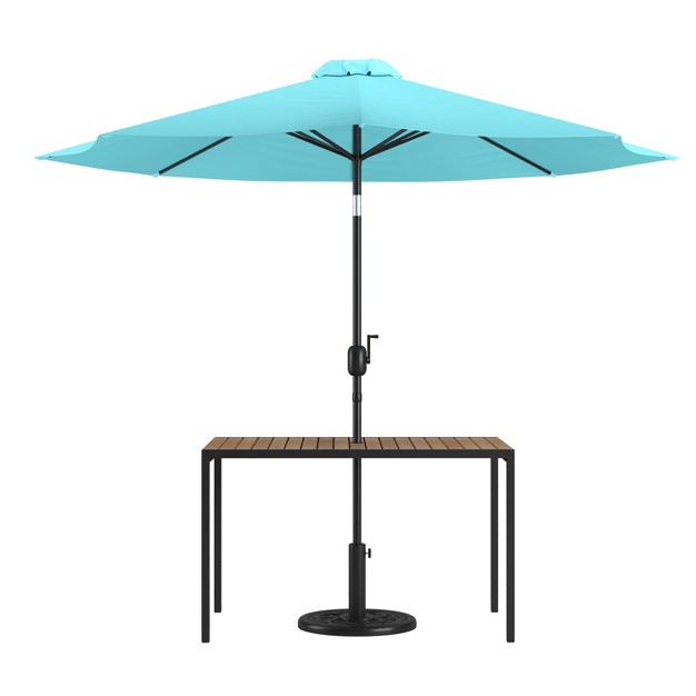 Emma And Oliver 3 Piece Patio Table Set Synthetic Faux Teak Dining Table With Umbrella Hole amp Umbrella With Weighted Base