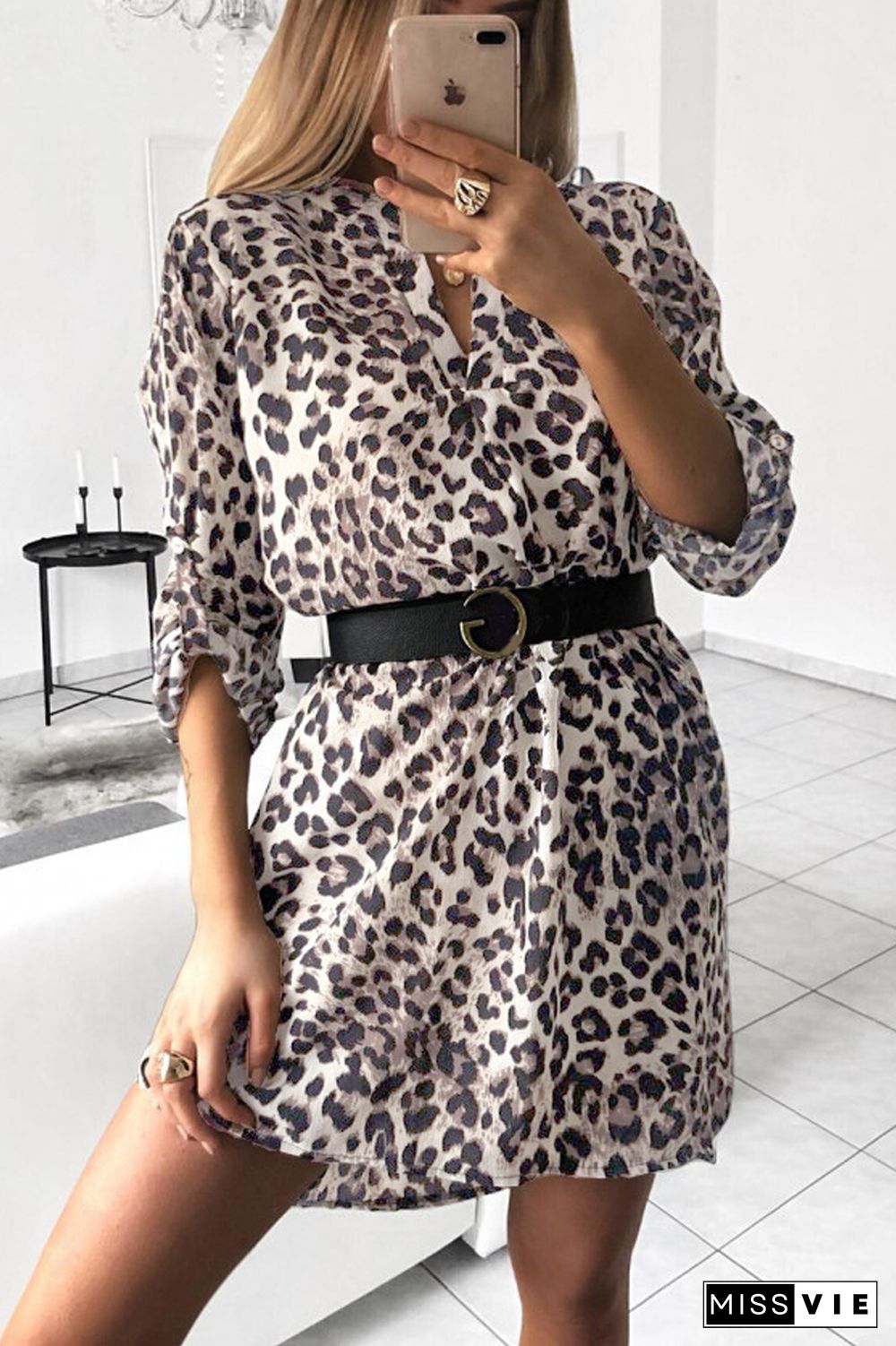 V-Neck Print Shirt Dress(Without Belt)