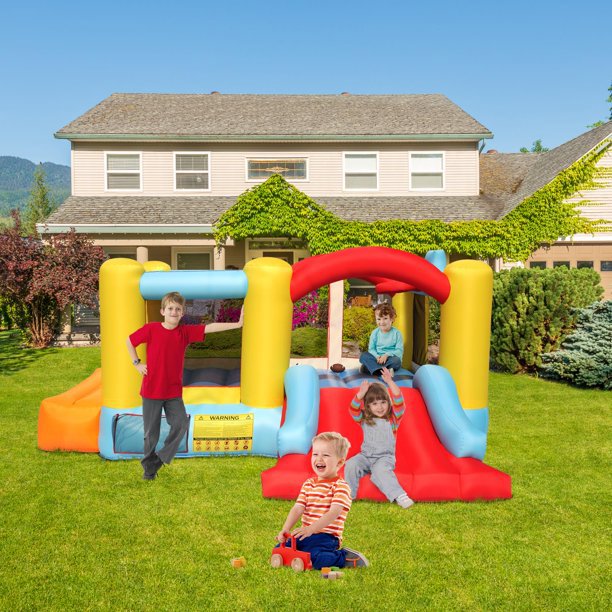 Children's inflatable bouncing house castle, 420D Oxford cloth PVC without fan Large trampoline + ball frame + rest table bouncy castle