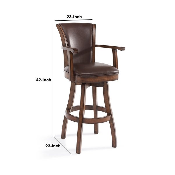 Wooden Counter Stool with Swivel Leatherette Seat and Arms， Brown