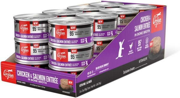 ORIJEN Kitten Recipe  Chicken + Salmon Entree in Bone Broth Wet Cat Food， 3-oz can， case of 24