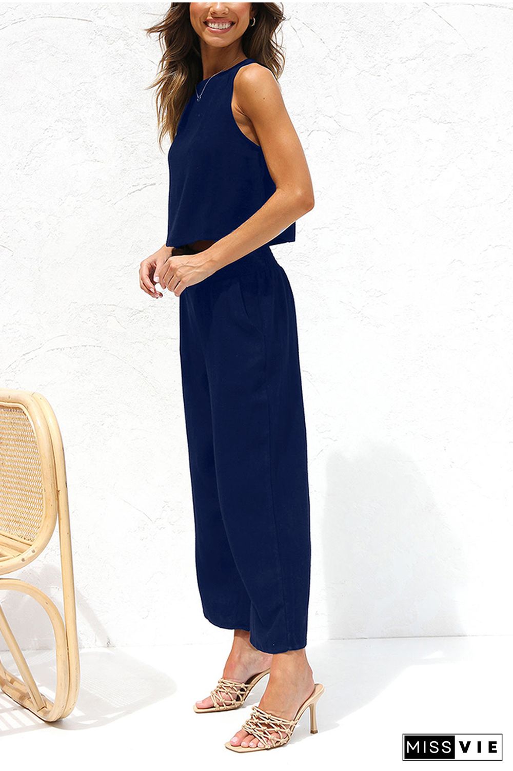 Plain Lien Tank Top With Wide Leg Pants 2pcs Set