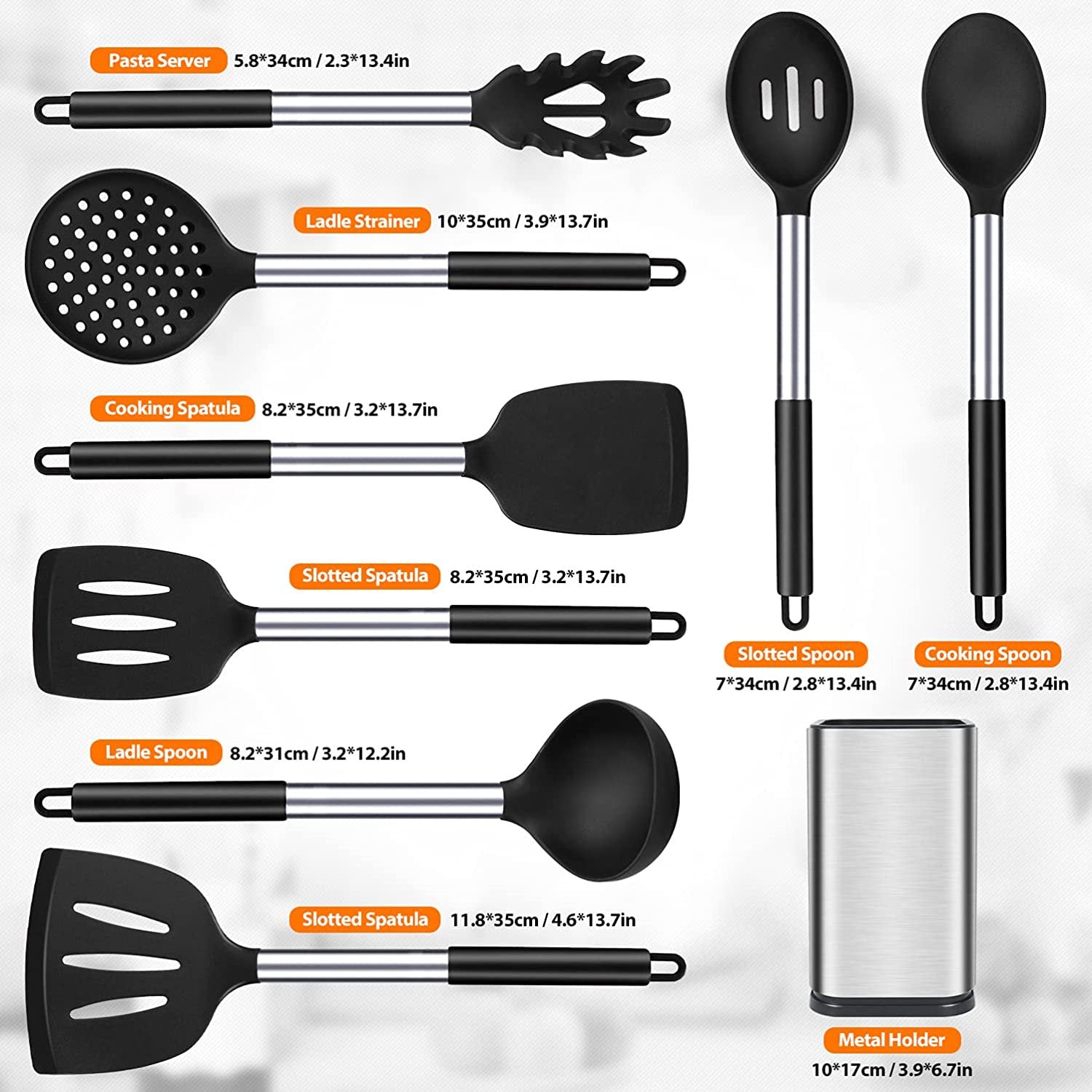 Silicone Cooking Utensils Set,8 Piece Non-Stick Cookware,BPA Free Heat Resistant Kitchen Tools with Stainless Steel Handle & Storage Bucket