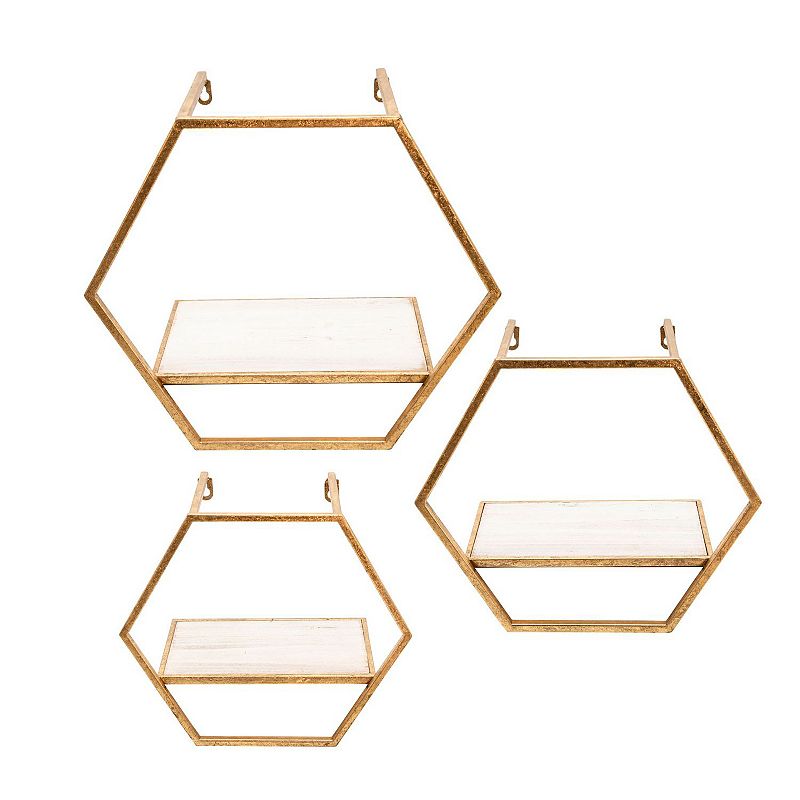 Set of 3 Gold and Ivory Wooden Hexagon Wall Shelves 16