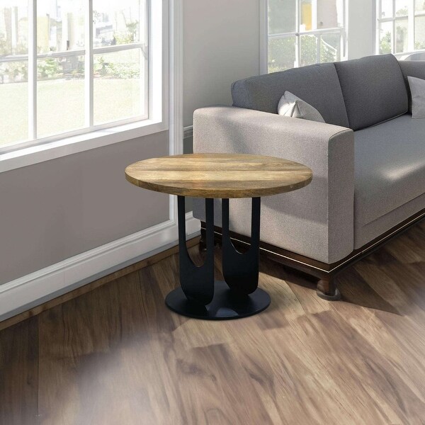 22 Inch Side End Table，Round Natural Mango Wood Top，Black Iron U Shaped Legs