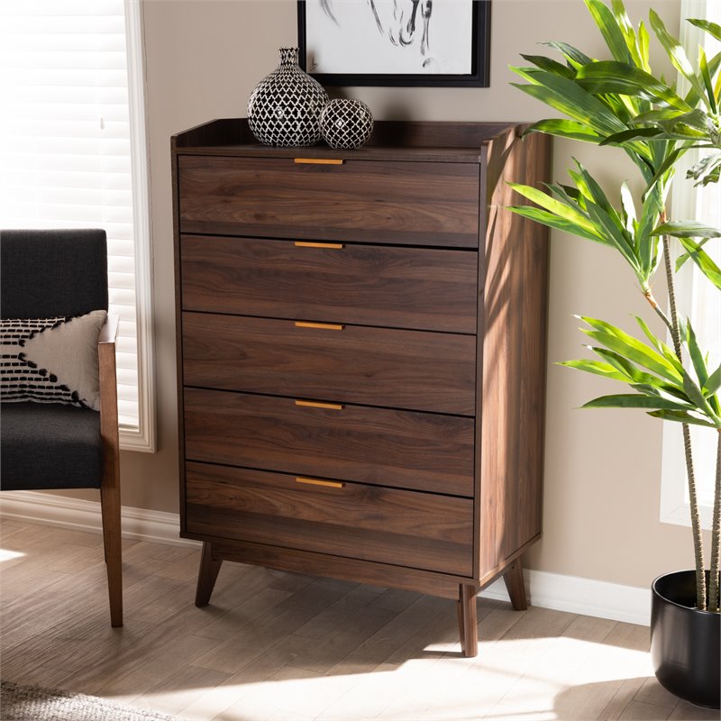 Bowery Hill Walnut Brown Finished 5-Drawer Wood Chest