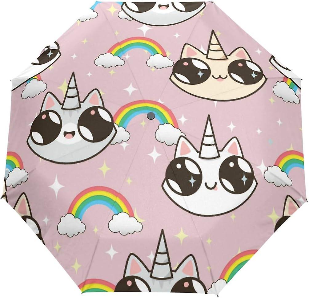 Travel Umbrella Automatic Windproof Foldable Umbrella Cats Unicorns And Rainbow