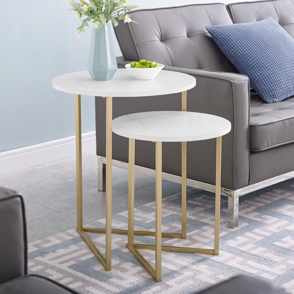 2 Piece V Leg Nesting Side Tables  White Faux Marble/Gold   Contemporary   Coffee Table Sets   by Walker Edison  Houzz