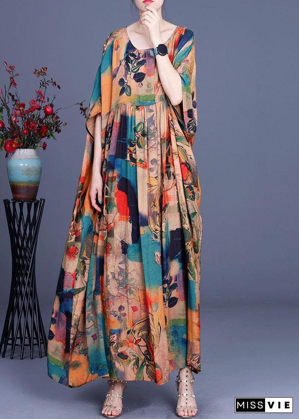 French Orange Print Button Batwing Sleeve Chiffon Summer Maxi Dresses