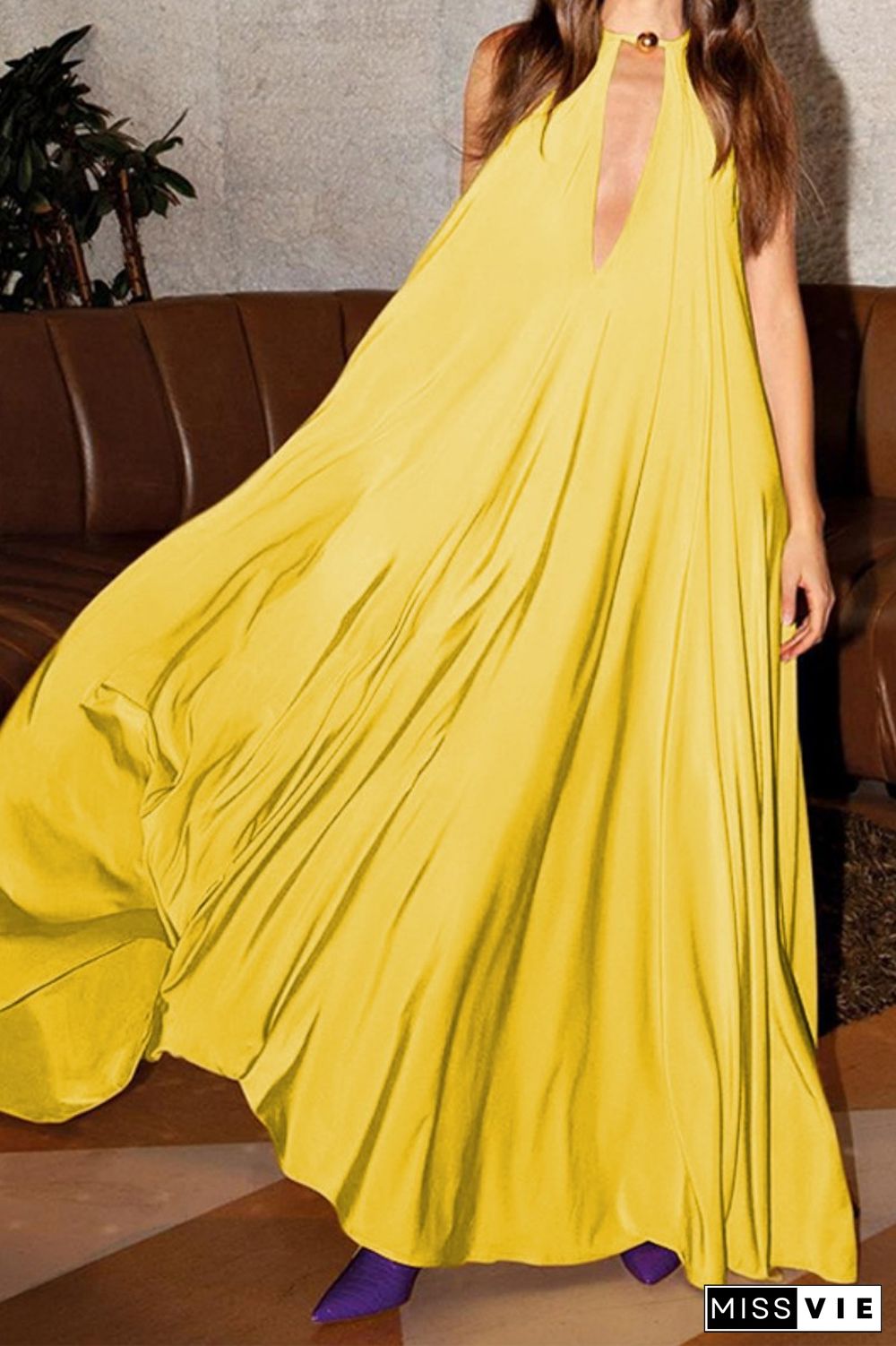 Yellow Sexy Casual Solid Hollowed Out O Neck Dresses