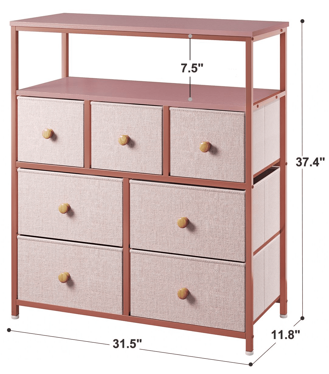 EnHomee Fabric Bedroom Dressers & Chests of Drawers Pink Dresser 7 Drawer Dresser for Bedroom Small Dresser Girls Dresser Tower Storage TV Stand for Closet Nursery Entryway Living Room Guest Room Pink