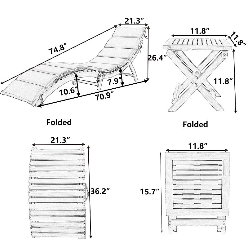 Merax Outdoor Patio Wood Portable Extended Chaise Lounge Set with Foldable Tea Table