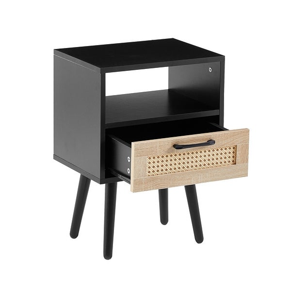 Modern Rattan Side table/Nightstand with 1 Shelf，1 drawer and 4 Solid Wood Legs