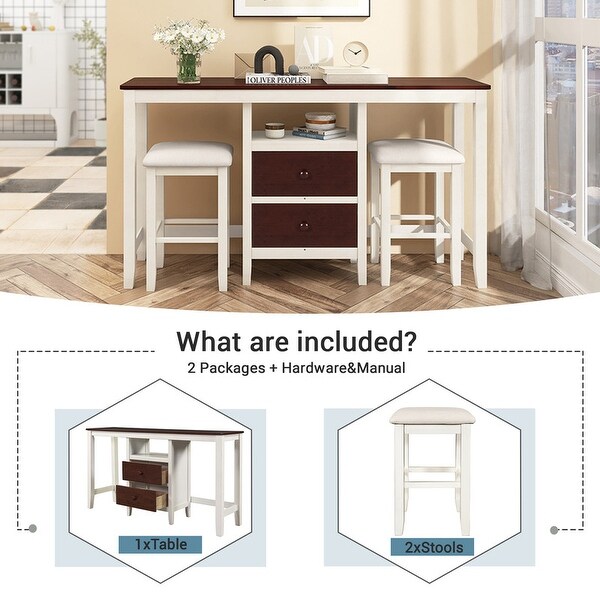 Farmhouse three-piece dining table with rustic counter height table， two drawers and two small place stools