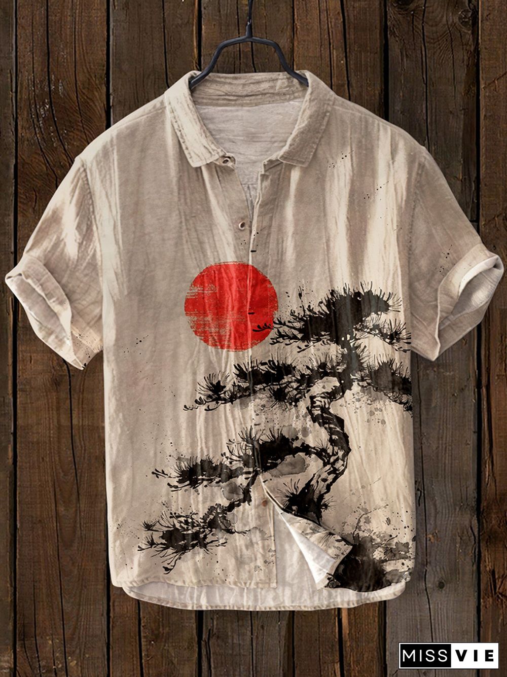 Vintage Pine Tree Red Sun Japanese Art Linen Shirt