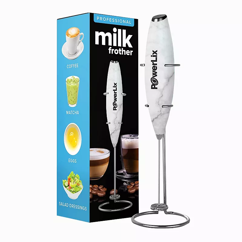 PowerLix Milk Frother Handheld Battery Operated Electric Whisk Foam Maker For Coffee - With Stainless Steel Stand Included