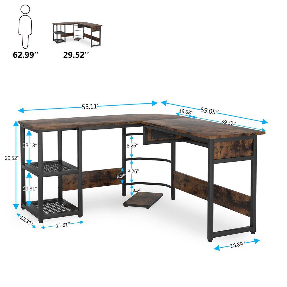 Tribesigns Lantz 59 in. L Shaped Rustic Brown Wood and Metal Computer Standing Desk with Lift Top and Storage Shelves TJHD-QP-1273