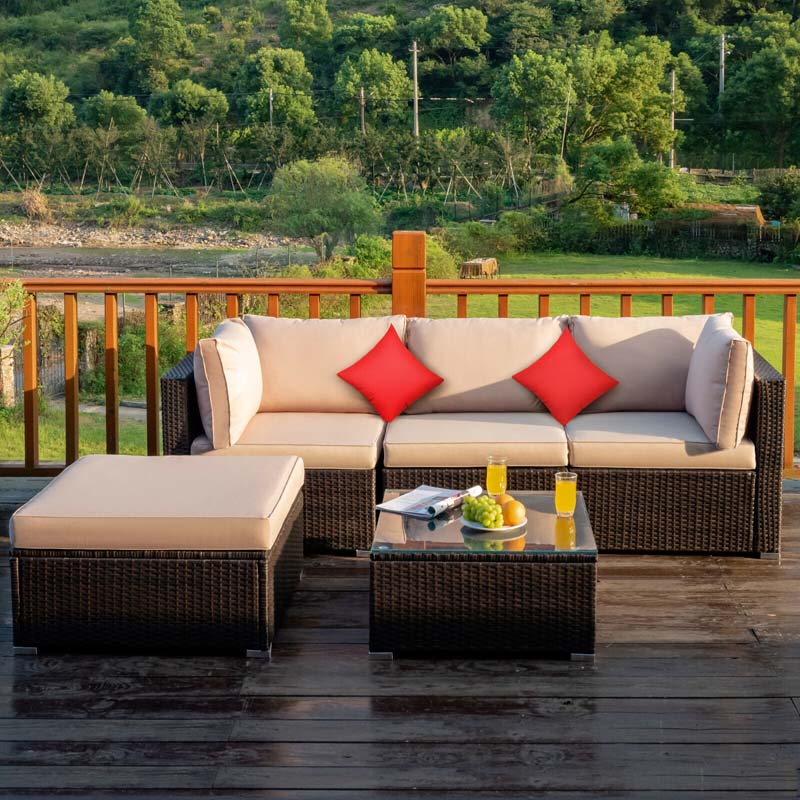 5 Pcs Outdoor Patio Rattan Furniture Sectional Sofa Set Wicker Conversation Set with Cushions