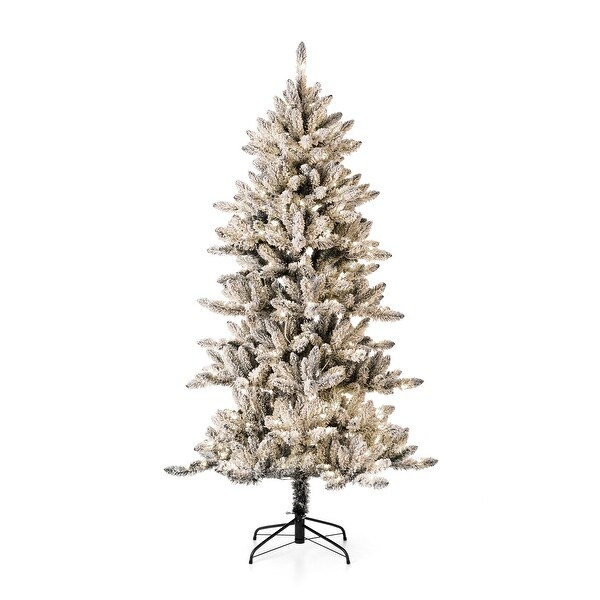 Glitzhome 6ft PreLit Flocked Artificial Pine/Fir Christmas Tree 300 Warm White Lights