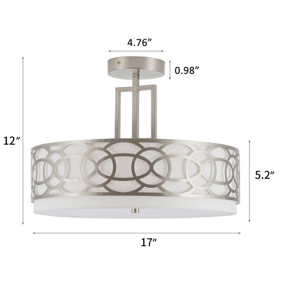 Defong 17 Inch 4 light Silver Semi Flush Mount Brushed Nickel Ceiling Light Fixture With White Fabric Shade