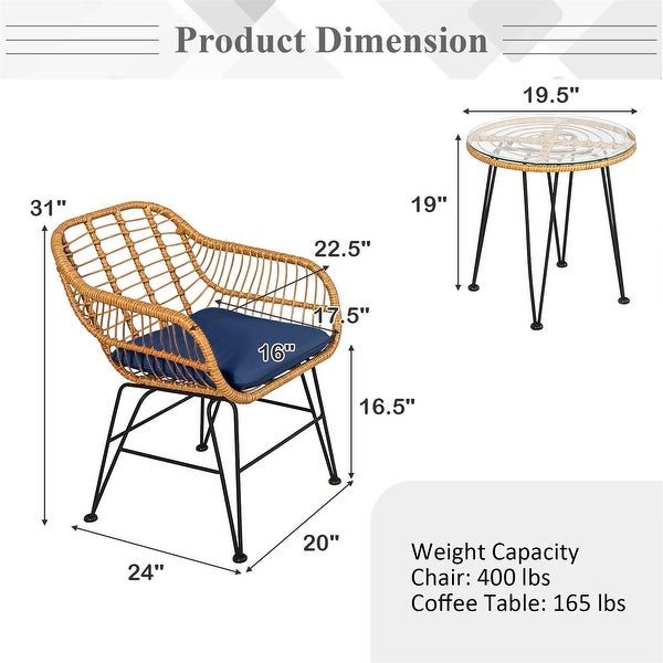 3-Piece Rattan Furniture Set with Cushioned Chair Table - Overstock - 37500642