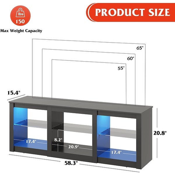 TV Stand with LED Lights for TVs up to 65 inch， Entertainment Center with Glass Shelves， Modern TV Stand for Living Room