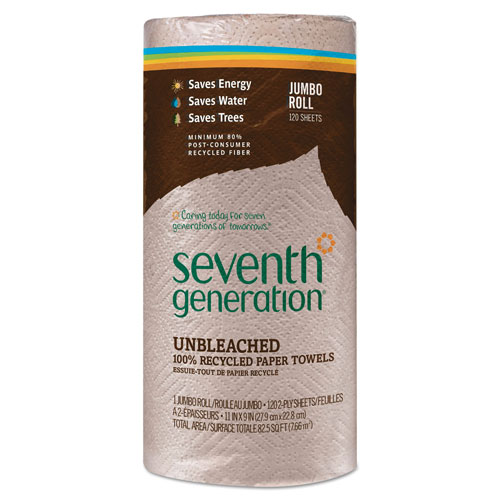 Unilever Seventh Generation Natural Unbleached 100% Recycled Paper Towel Rolls | 11 x 9， 120 Sheets per Roll | SEV13720